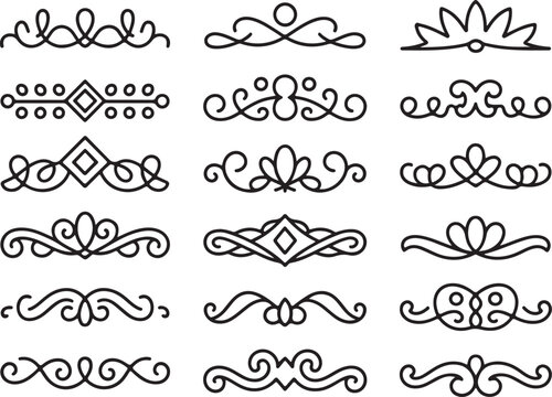 Set of decorative line border elements for invitations and diplomas including floral swirls or ornamental vintage divider shapes.