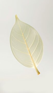 A delicate, translucent leaf with intricate vein patterns against a soft white backdrop. Use: botanical print advertisement, art gallery display.