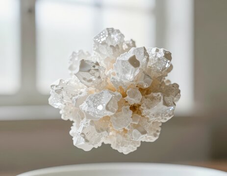 An intricately formed white crystal cluster in soft natural lighting, perfect for a travel blog hero or magazine feature. A captivating display of.