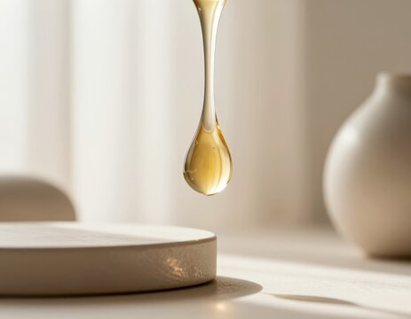 A single golden honey droplet hanging in mid-air over a sleek, white bowl on a minimalist tabletop. Use: home decor blog hero, food photography.