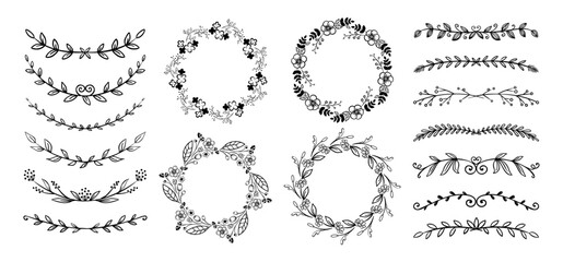 Obraz premium Floral wreaths and dividers. Minimal black line art set with circular garlands, leafy borders and blossoms, botanical ornaments, frames and separators design. Vector illustrations collection