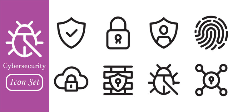 Cybersecurity Line Icon Set: Network Security, Data Protection, Cloud Privacy, Biometric Fingerprint, and Bug Malware Icons for Web UI/UX Design and Infographics
