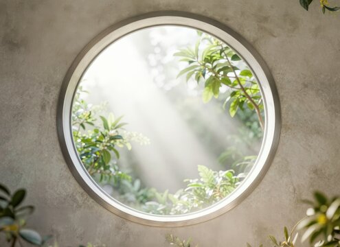 Sunbeams pour through a round window, illuminating green foliage outside. Use: travel blog hero, nature magazine feature.