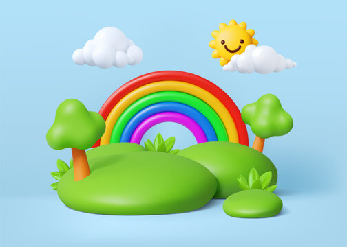 3d rainbow. Island park landscape, toy or tree podium land, soft spring hill. Environment scene plastic grass podium for product presentation. Vector render glossy isolated composition