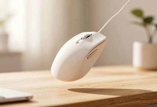 A clean, wireless computer mouse hovers above a wooden desk with subtle lighting effects; ideal for tech and lifestyle content.