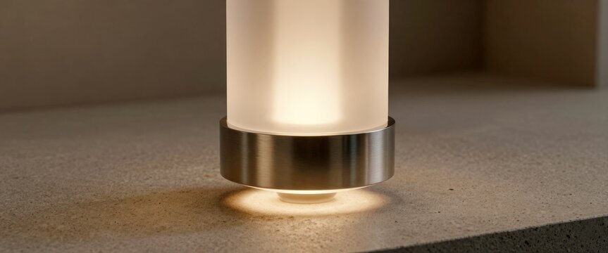 A contemporary table lamp with a frosted glass shade and stainless steel accents illuminates the surface, creating a cozy evening atmosphere. Use.