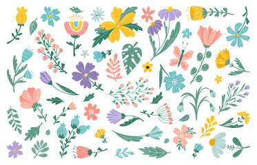 Naklejka premium Cute floral elements. Hand drawn botanical clipart set with tiny flowers, doodle leaves, berries on stems in pastel colors, spring meadow, garden summer decoration. Vector isolated illustration