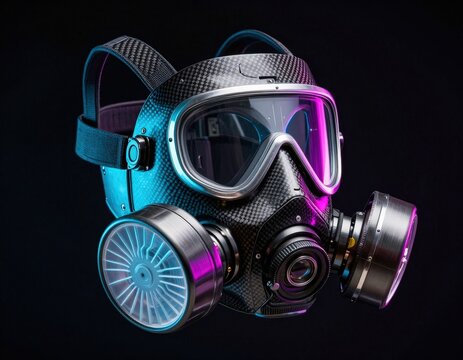 A futuristic, steampunk gas mask with carbon fiber accents and glowing purple-blue elements; perfect for a dystopian adventure story. Use: travel.