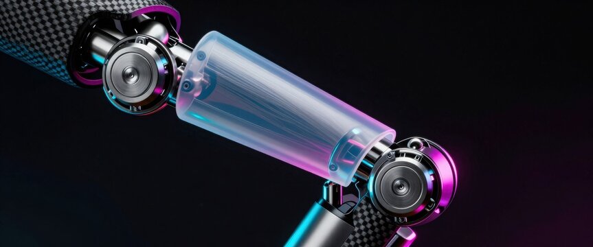 An advanced robotic arm with a translucent plastic container, featuring intricate metallic components under vibrant purple-blue illumination. Ideal.