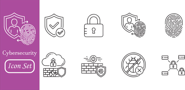 Cybersecurity Icon Set: Line Art Symbols for Biometric Fingerprint, User Privacy, Shield Protection, Cloud Firewall, Malware Removal, and Network Encryption Security