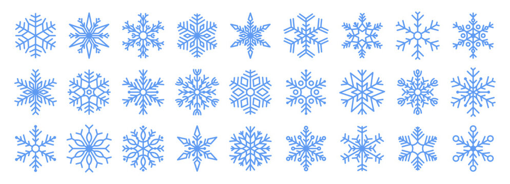 Blue snowflake icon set. Line winter snow flake symbols, geometric forms for christmas frozen abstract decoration. New year holidays season. Cold weather sign. Vector isolated illustration