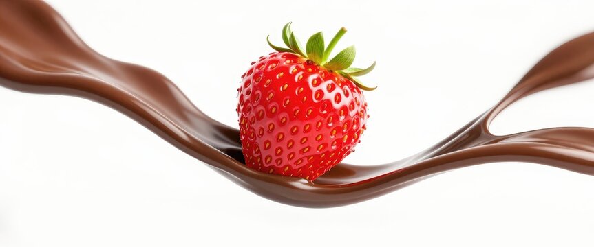 A red strawberry amidst a splash of chocolate sauce, perfect for food ads or dessert promotions.