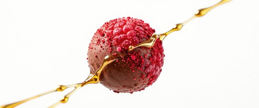 A decadent raspberry chocolate confection splashed with golden nectar, perfect for a gourmet dessert advertisement or high-end product showcase.