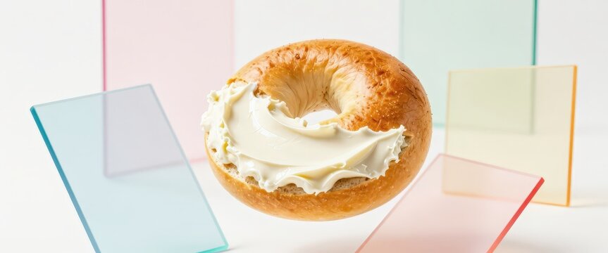 A tantalizing bagel with cream cheese floating amidst vibrant transparent rectangles, perfect for a healthy breakfast ad or colorful magazine feature.