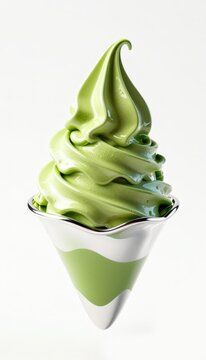 A close-up view showcases a scoop of vibrant, green ice cream in an elegant silver cone with white stripes. The scene exudes freshness and is.