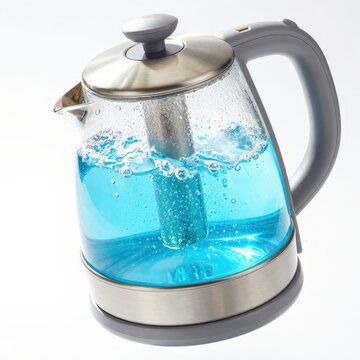A modern electric kettle with blue liquid boiling, releasing steam and bubbles. Use: kitchen appliance advertisement, cooking magazine feature.