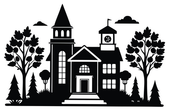 school silhouette line art vector illustration