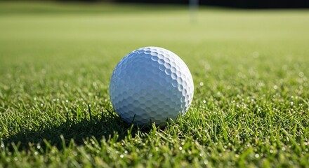 Obraz premium Golf ball on green grass field at sunny summer day with blurred background fairway of professional golf course sport recreation landscape outdoor activity hobby competition.