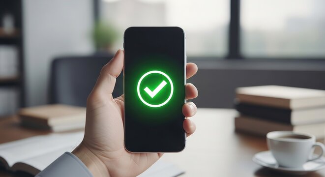 Hand holding smartphone displaying glowing green checkmark and circle confirming success or completion with blurred background of office desk.