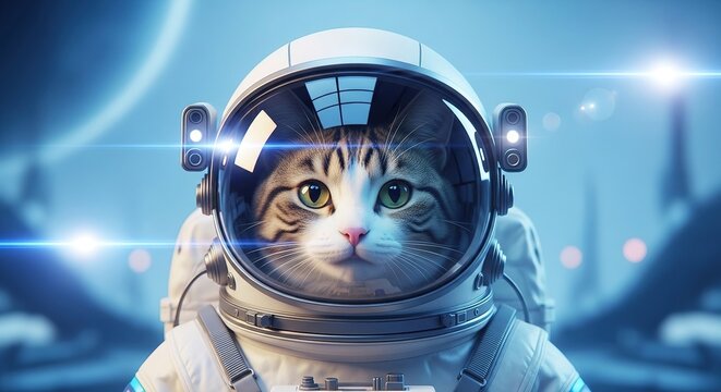 Cute cat astronaut wearing white space suit and glass helmet explore futuristic galaxy in nebula stars cosmos digital art portrait of kitten pet in outer universe background.