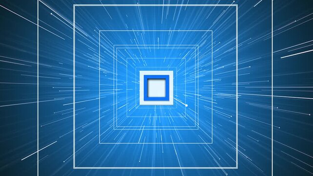 Blue square light tunnel with white geometric frames, fast rays, glowing center, deep perspective motion. technology intros, transition videos, sci fi screens, digital portals, logo reveals, overlays.
