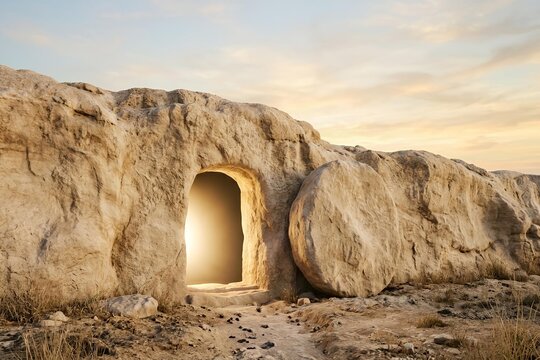 The empty tomb entrance glows warmly in a rocky landscape at sunrise.
