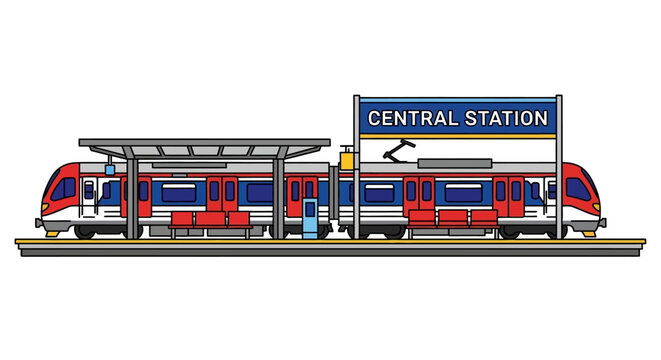 Modern Passenger Train at Central Station Platform Vector Illustration