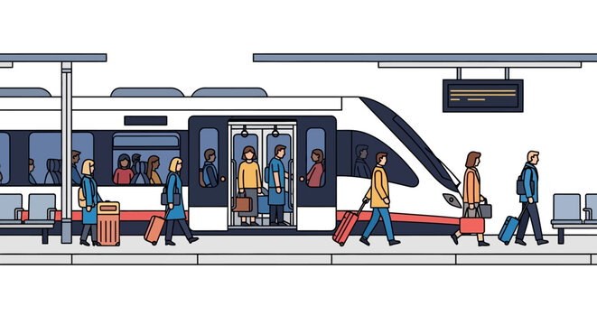 Passengers Boarding a Modern Train at a Railway Station Illustration