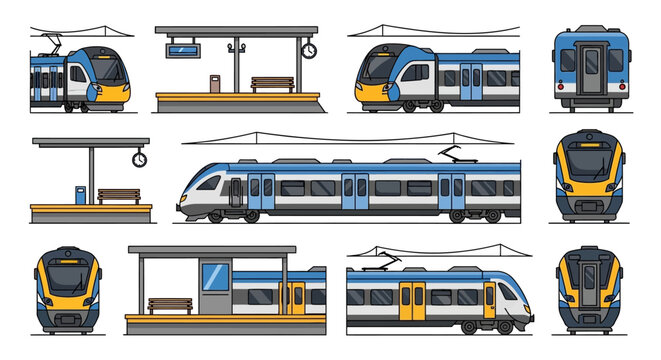 Flat vector illustration set of modern commuter trains and stations