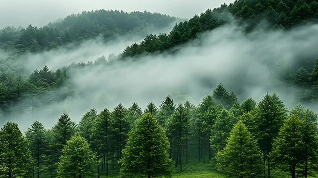 Foggy Mountain Landscape With Pine Trees.