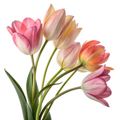 Fototapeta premium Beautiful bouquet of fresh pink and orange tulip flowers with green leaves on a bright spring day
