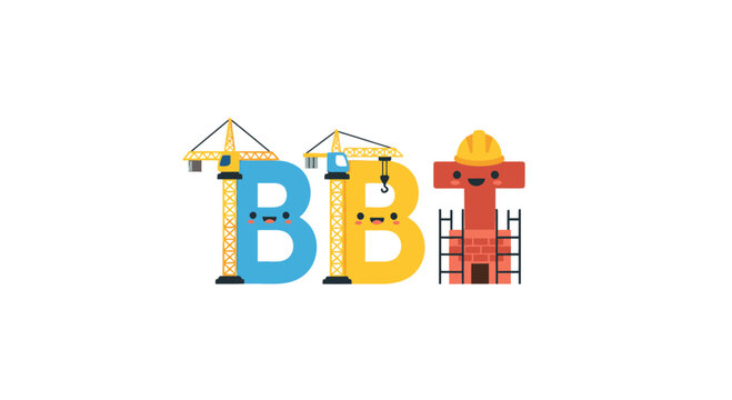 Cute Cartoon Letters BBT with Construction Cranes and Bricks, Minimalist Background