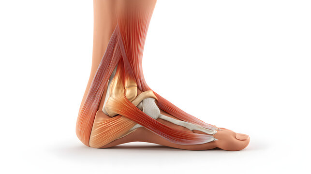 Detailed human foot anatomy with visible achilles tendon and muscles on white background