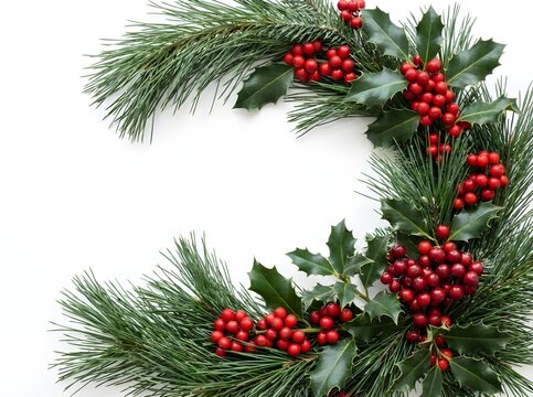Christmas Wreath Border with Holly Berries and Pine Branches on White Background, Vector Illustration
