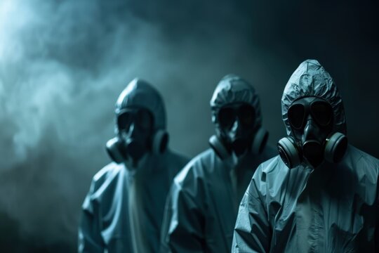 Three figures in hazmat suits and gas masks in smoky atmosphere