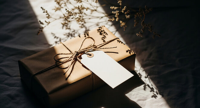 Rectangular brown paper gift box wrapped neatly with rustic twine and a blank cardboard tag resting on a soft surface under dramatic sunlight creating long shadows while highlighting the elegant minim