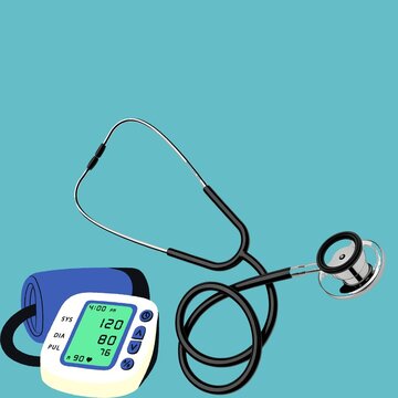 medical eqiment  with stethoscope and blood pressre monitor on ble backgrond for health care concept 