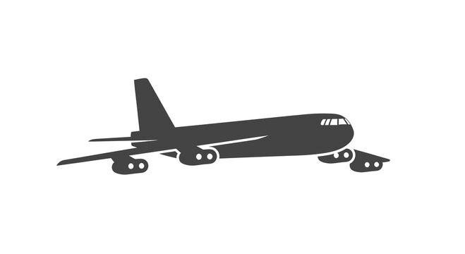 Silhouette of a four-engine jet airplane in flight, minimalist vector graphic with copy space