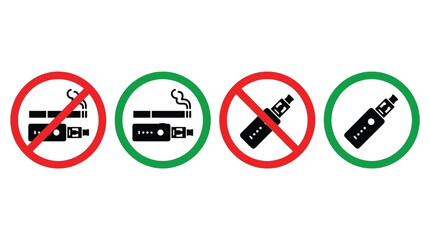 Smoking and vaping signs icon set. No smoking and smoking allowed signs with cigarette and e cigarette symbols. Prohibition and permission signs for public places. Tobacco and vaping rules. © Saidul