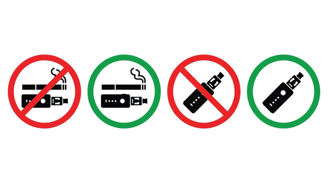 Smoking and vaping signs icon set. No smoking and smoking allowed signs with cigarette and e cigarette symbols. Prohibition and permission signs for public places. Tobacco and vaping rules.