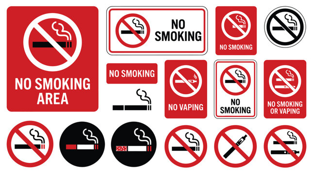 No smoking sign collection. Prohibition signs with cigarette, electronic cigarette and smoke symbols and text. Smoking forbidden notices for public places. Tobacco restriction signs for indoor areas.