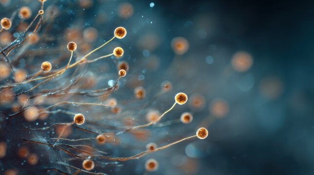 Study of fungal spores in a close-up view under a microscope in a lab setting