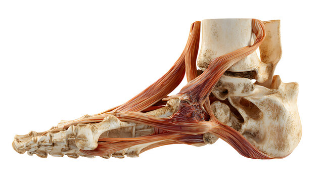 Detailed clinical photograph of human peroneal tendons and foot bones anatomy