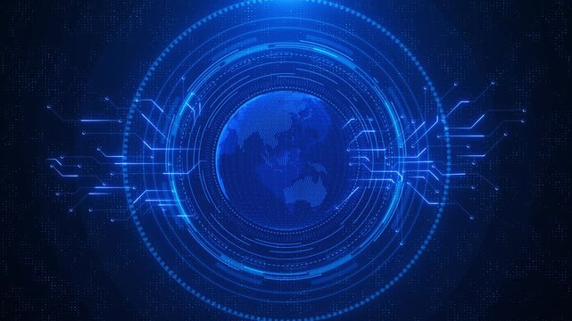 Blue digital globe data interface circular HUD rings, glowing circuit connections, dotted world map, and dark tech grid. AI videos, global networks, cyber security intros, dashboards, and overlays.