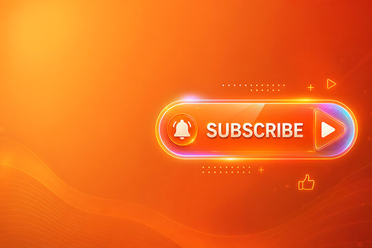 A bright orange background with a subscribe button and icons appears on screen.