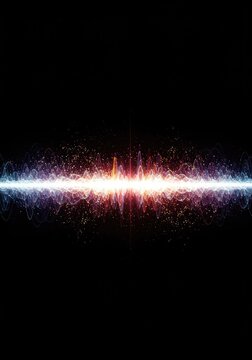Abstract glowing representation of quantum mechanics, showing a wave function merging with discrete particle elements, superposition, technology, visualization