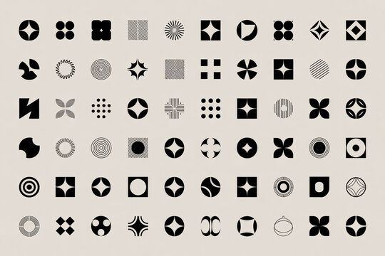 Collection of abstract geometric shapes and symbols on a muted background many diverse modern minimalistic icons set.