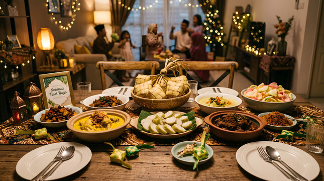 Traditional Malay food spread for Hari Raya celebration with family