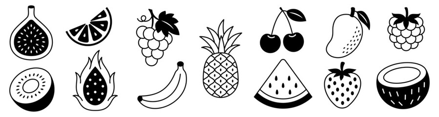 Tropical Summer Fruits Collection. fruit icons black outline and silhouette tropical and berry food symbols fig citrus grape pineapple cherry mango raspberry kiwi banana watermelon coconut strawberry © Mirikiteki