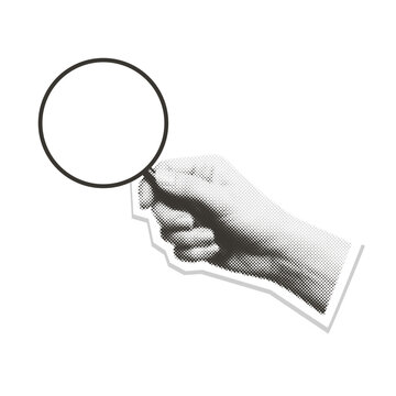 Halftone hand holding magnifying glass for searching information. Retro grunge media element and seo marketing paper sticker. Vector illustration with vintage cutout shape.